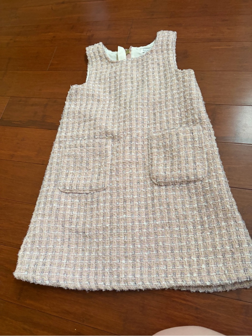 Rachel Zoe Sz 6 Shift Dress Metallic Pink/Gold Tweed Jumper Dress Pockets Girls